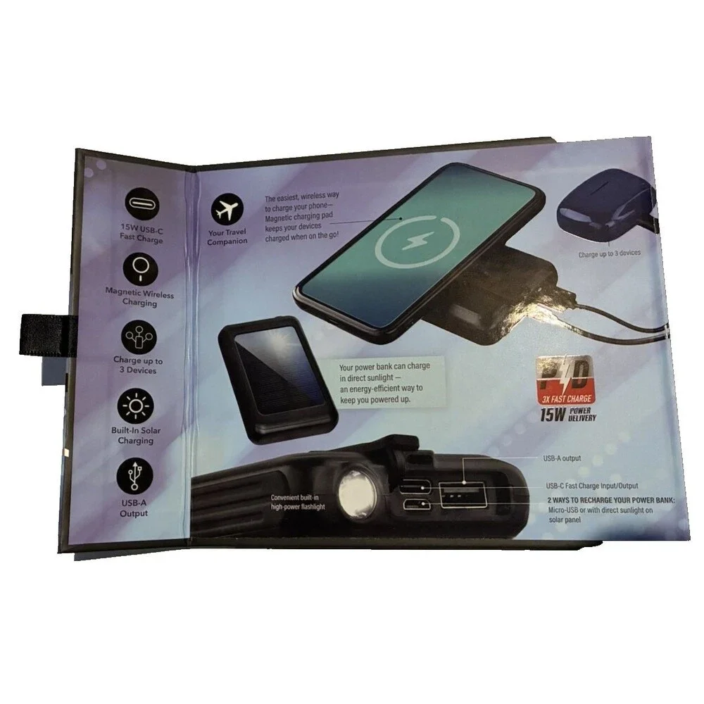 Power Bank, 5, 000mAh, 2 in 1 Fast Charge, Magnetic Wireless + Solar Recharging